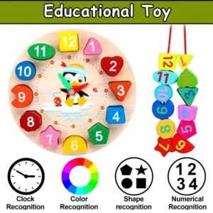 Wooden Cognitive Color and Shape Sorting Clock Number Lacing