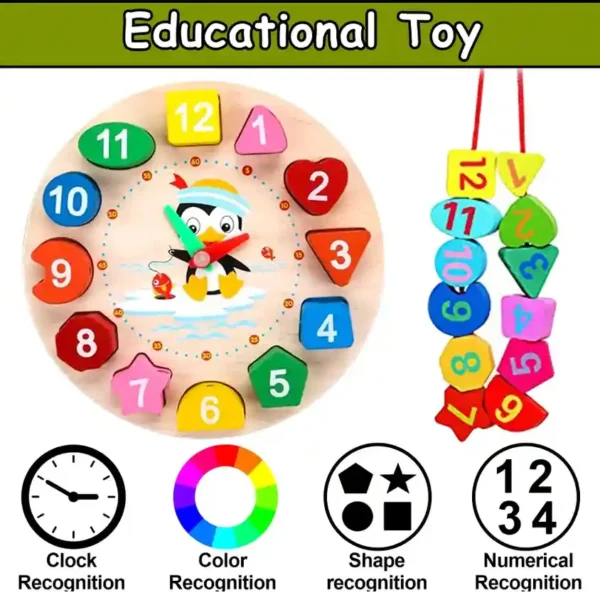 wooden_clock_8 Wooden Cognitive Color and Shape Sorting Clock Number Lacing